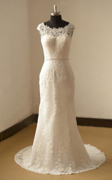 Fit-And-Flare Wedding Cap-Sleeve Bateau-Neckline Lace Dress