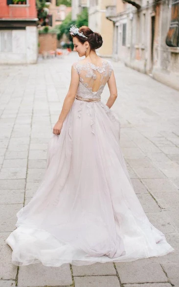 Illusion Cap-sleeve Tulle A-line Wedding Dress With Appliques And Court Train