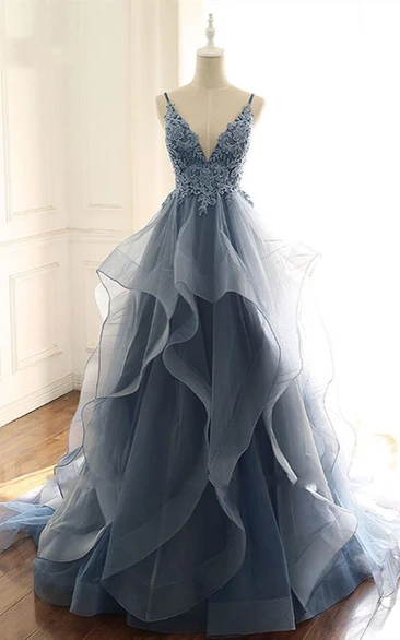 Ethereal Floor-length Train Sleeveless Open Back Tulle A Line Formal Dress with Tiers