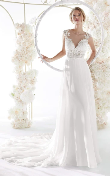 Elegant Illusion Lace Chiffon Cap Sleeve Wedding Gown With Plunging Neckline And Keyhole Back