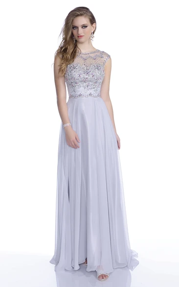 Jewel Neckline Floor-length Beaded occasion Dress With Illusion back