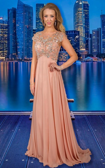 A-line Scoop Cap-Sleeve Floor-length Chiffon Evening Dress with Illusion and Beading