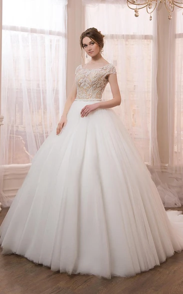 Bateau Tulle Ball Gown With Appliqued top And Court Train