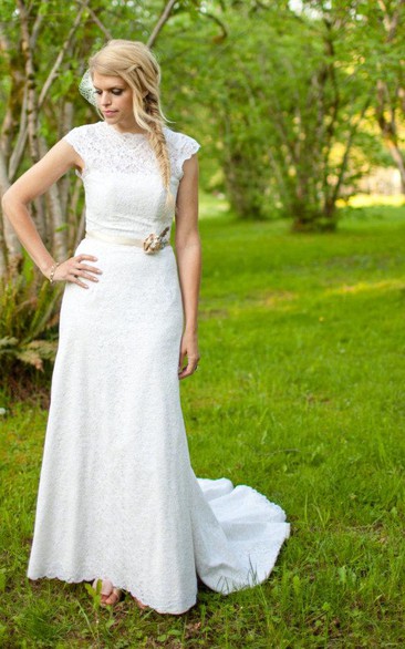 Illusion-Neckline Beaded Waist Wedding High Floor-Length Lace Gown