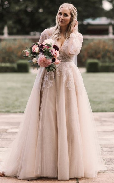 Romantic A Line V-neck Floor-length Long Sleeve Lace Wedding Dress with Appliques