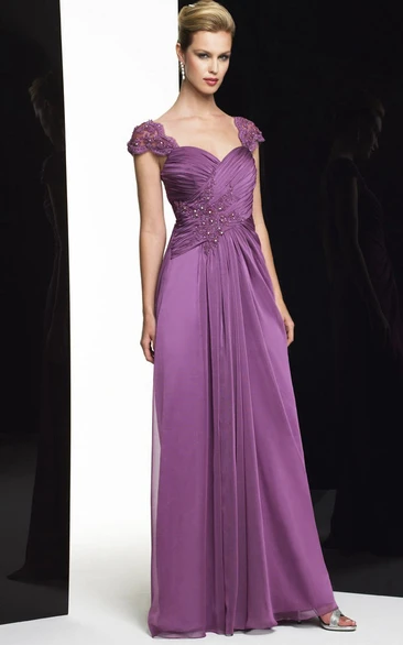 Sheath Sweetheart Cap-Sleeves Floor-length Chiffon Mother of the Bride Dress with Criss Cross and Beading