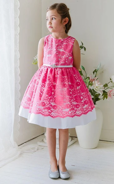 Lace Ribbon Floral Tea-Length Flower Girl Dress