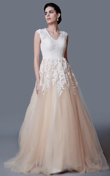 Lace Cap Sleeves Wedding A-Line Modest Long Gown