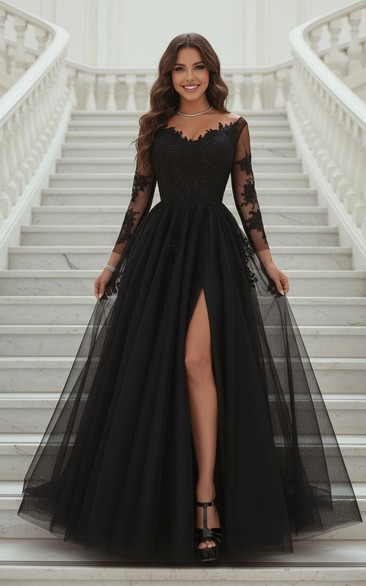 High Slit Sheer Black Prom Dress To The Black Chiffon Evening Gown  Appliques Cracks, Open Sexy
