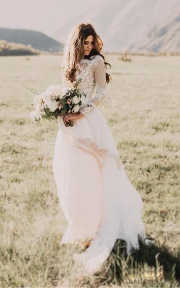 Elopement Boho Long Sleeve Country Rustic Casual Ethereal Chiffon Wedding Dress