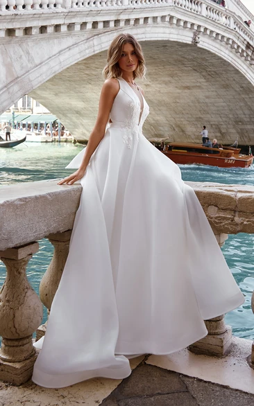 Elegant V-neck Sleeveless A-line Satin Applique Wedding Dress with Back Bow