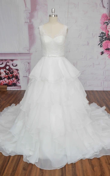 Sleeveless Cute Ruffle Lace Organza Wedding Dress Ballgown With Bow And V-back