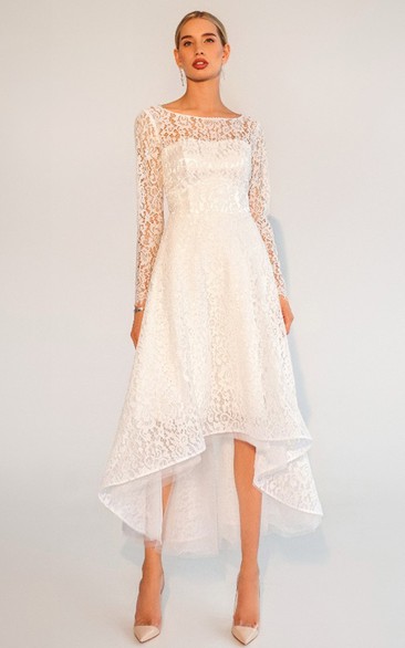 A Line Vintage High-low Lace Long Sleeve Wedding Gown