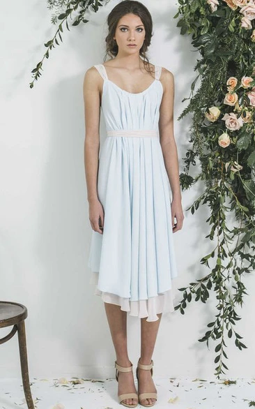 A Line V-neck Sleeveless Tea-length Chiffon Bridesmaid Dress with Low-V Back and Ruching
