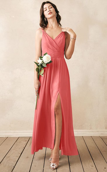 Elegant A Line Chiffon V-neck Ankle-length Bridesmaid Dress With Ruching