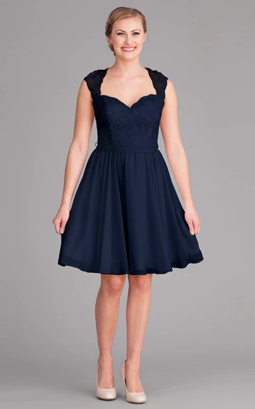 Queen Anne Chiffon short A-line Dress With Lace And Keyhole