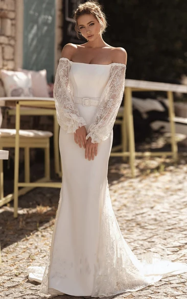 Off-the-Shoulder Wedding Jumpsuit with Lace Train