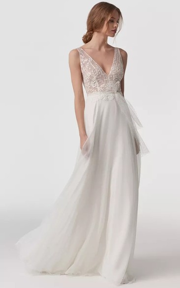Plunged Sleeveless Bowed Empire Sheath Wedding Dress with Lace Top