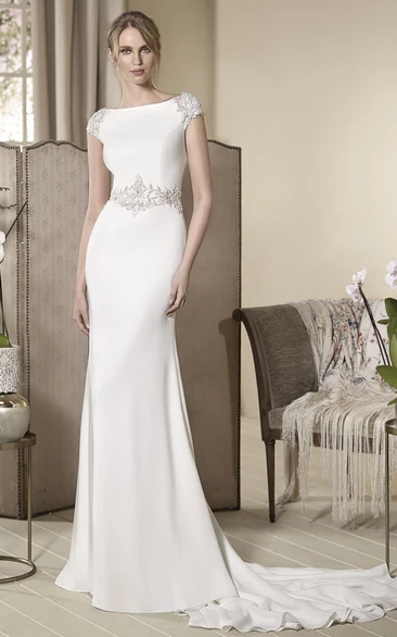 Sheath Jewel Cap-Sleeves Floor-length Jersey Wedding Dress with Deep-V Back and Crystal Detailing