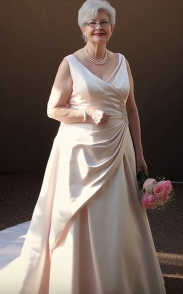 V-neck Ruched Satin A-line Plus Size A-line Older Bride Wedding Dress