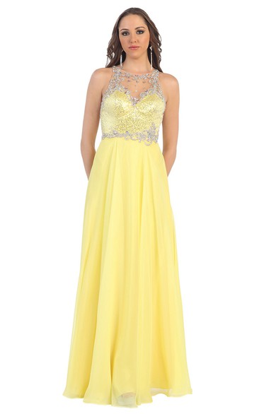 Scoop-neck Sleeveless A-line Beaded Chiffon Dress With Illusion back