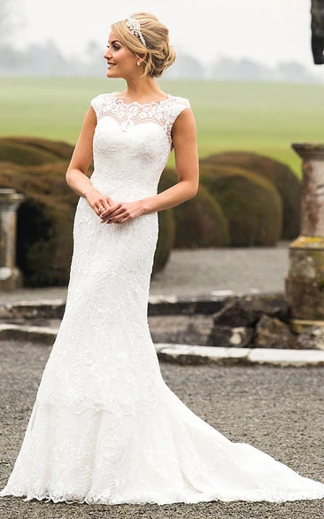 cap Lace Floor-length Wedding Dress With Illusion back And Sweep train