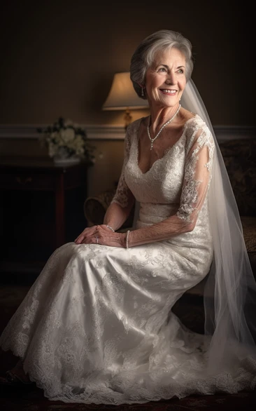 Lace V-neck Half-sleeve Sheath Applique Older Bride Wedding Dress with Sweep Train