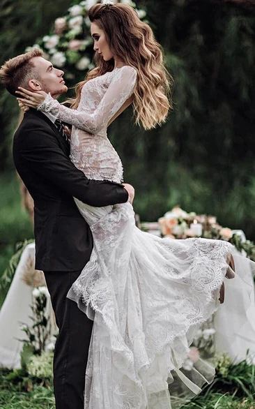 Lace Illusion Long Sleeve Ethereal Mermaid Boho Wedding Dress