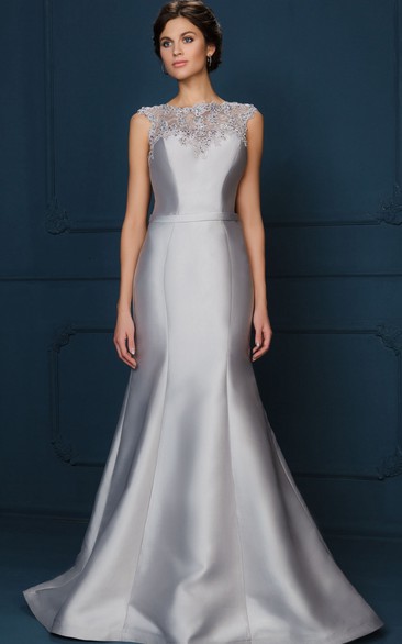 Maxi A-Line Jewel Neck Appliqued Cap Sleeve Satin Mother Of The Bride Dress