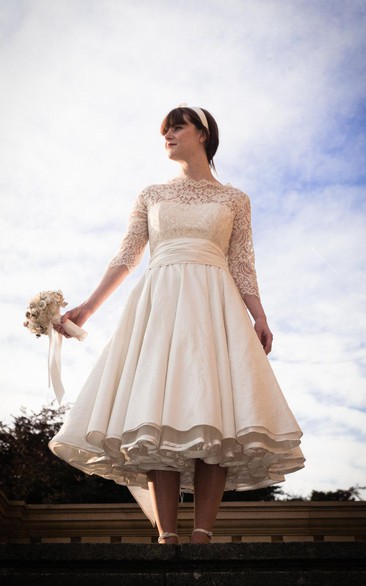 Pleated Taffeta High-Neckline 1950S Wedding 3-4-Length Dress