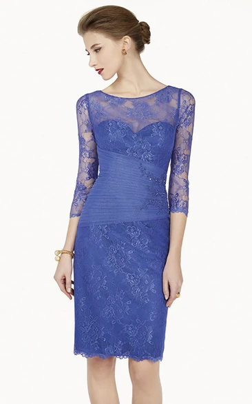 Scoop-Neckline Midi Prom Appliqued Pencil Lace Long-Sleeve Dress