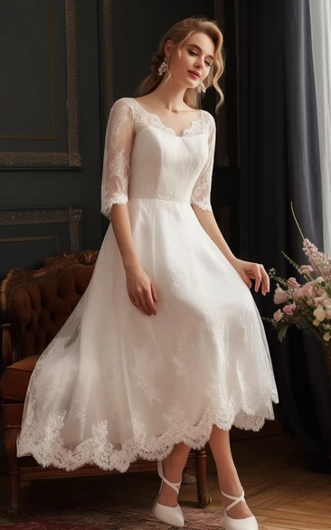 V-neck Lace Half-sleeve A-line Tea-length Casual Wedding Dress