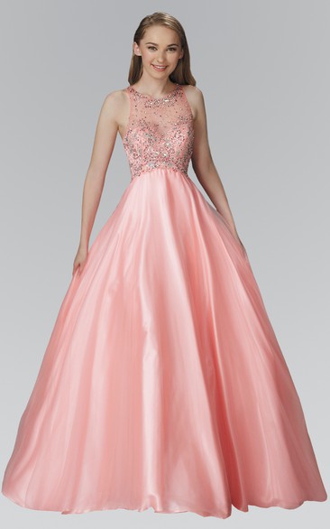 Ball Gown Scoop Sleeveless Floor-length Satin Prom Dress with Illusion and Beading