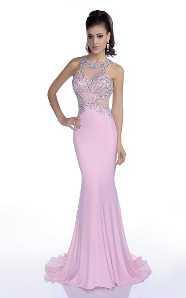 Sheath Scoop Sleeveless Floor-length Jersey Prom Dress with Illusion and Beading