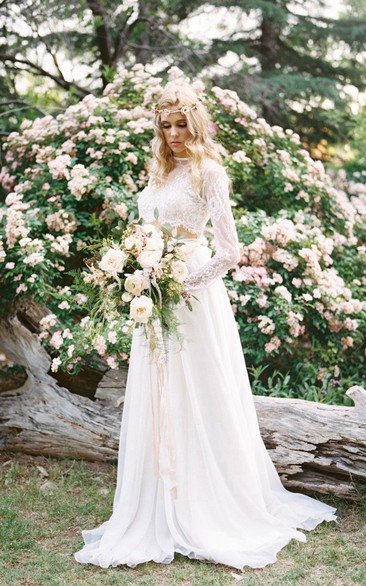 Jewel-Neck Illusion Lace Long Sleeve Two Piece Wedding Dress