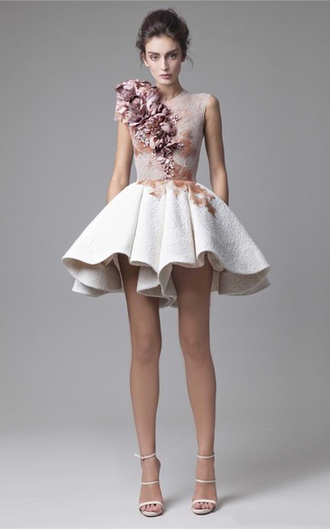 A-Line Short Sleeveless Jewel Lace Prom Dress With Handmade Flowers