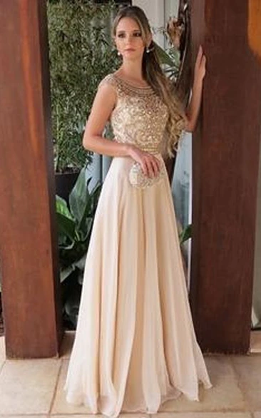Cap Formal Chiffon Empire A-line Beaded Champagne Prom Dress