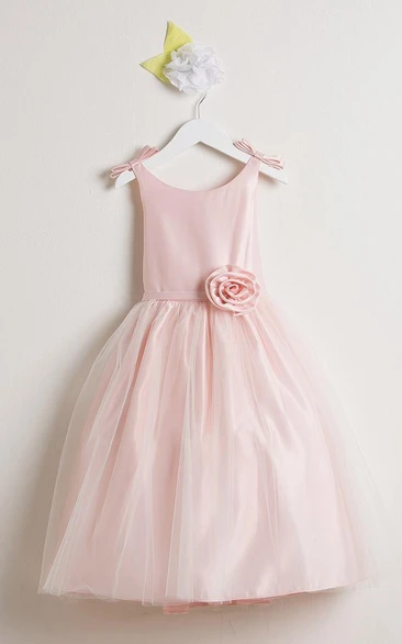 Scoop-neck A-line Satin Tulle Flower Girl Dress With bow
