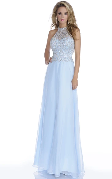 Long Chiffon Prom Dress With Jeweled Bodice And Open Back