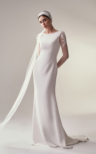 Scoop-neck Modest Illusion Long Sleeve Sheath Wedding Dress