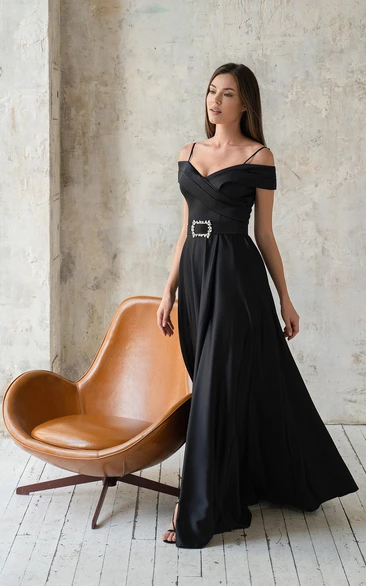 Spaghetti Off-the-shoulder Black Satin Dress with Criss Cross
