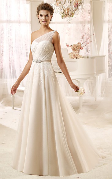 A-line One-shoulder Sleeveless Floor-length Tulle Wedding Dress with Illusion and Sash
