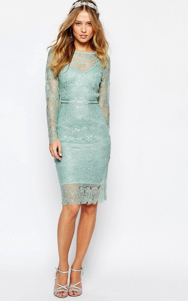Pencil Knee-length Scoop-neck Long Sleeve Lace Dress With bow
