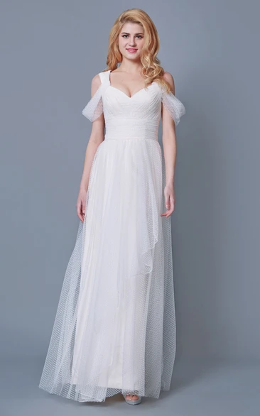 Empire-Waist Draping Tulle Ruched A-Line Floor-Length Dress