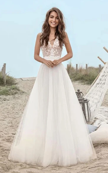 Empire A-line Tulle Sleeveless Beach Lace Wedding Dress