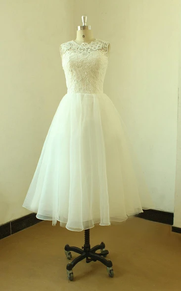 Jewel-Neck Sleeveless A-line Tea-length Wedding Dress With Lace top
