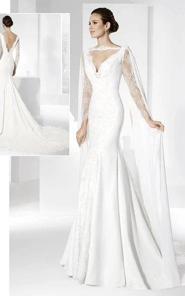 Mermaid/Trumpet Bateau Long Sleeve Floor-length lace Wedding Dress with Low-V Back and Appliques