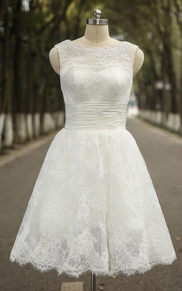 Jewel Neck Sleeveless Short A-line Lace Wedding Dress With Ruched Bodice