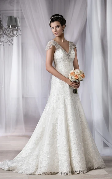 A-line V-neck Short Sleeve Floor-length Lace Wedding Dress with Deep-V Back and Appliques