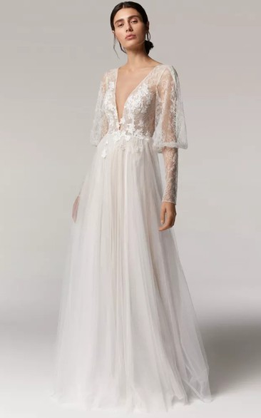 Deep-v Neck Puff-sleeve Illusion Tulle A-line Sweep Train Wedding Dress